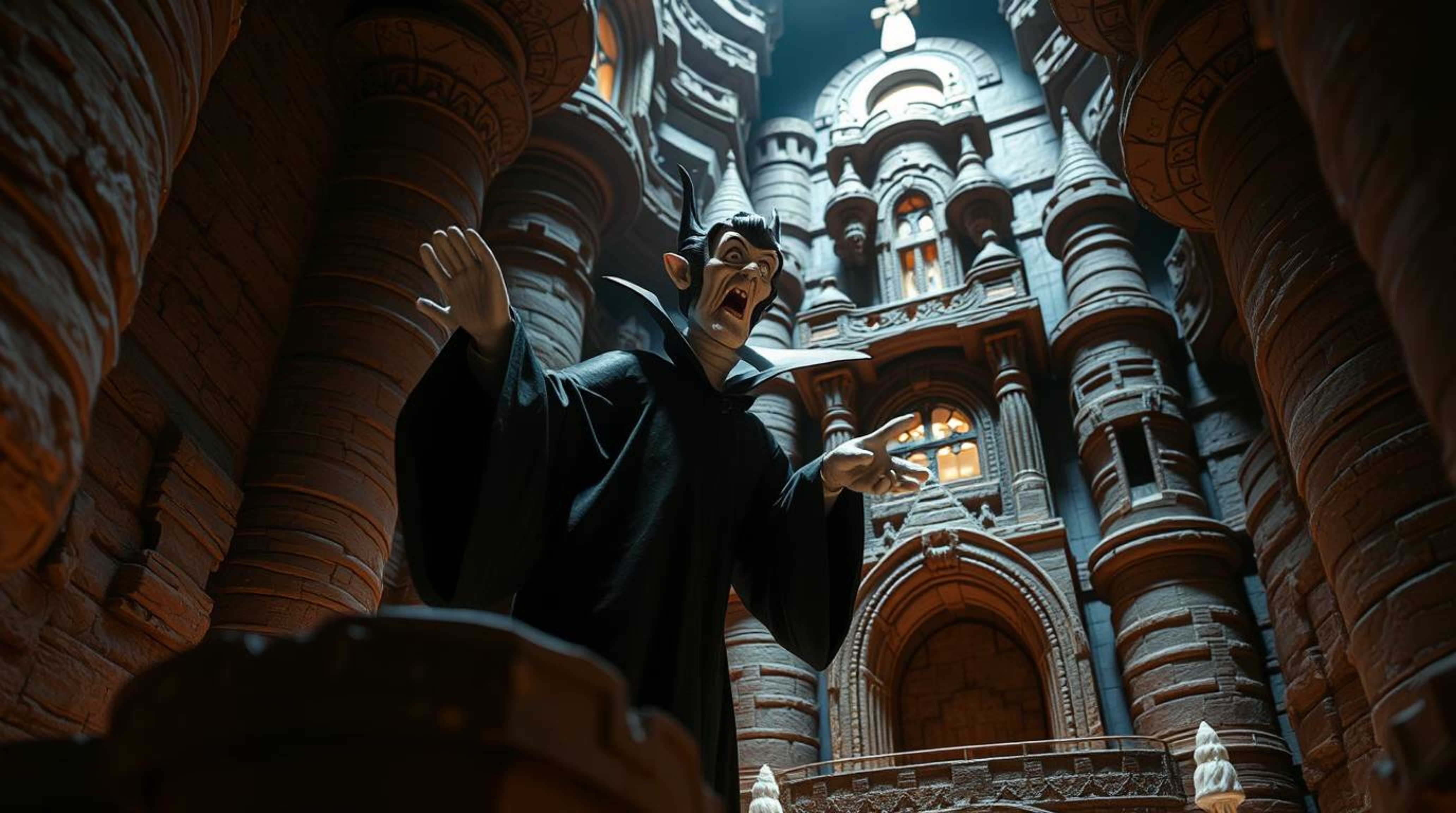 A classic Disney villain, crafted from textured layers of papier-mâché, dramatically casts a spell within a layered castle.