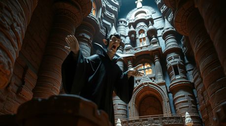 A classic Disney villain, crafted from textured layers of papier-mâché, dramatically casts a spell within a layered castle.  