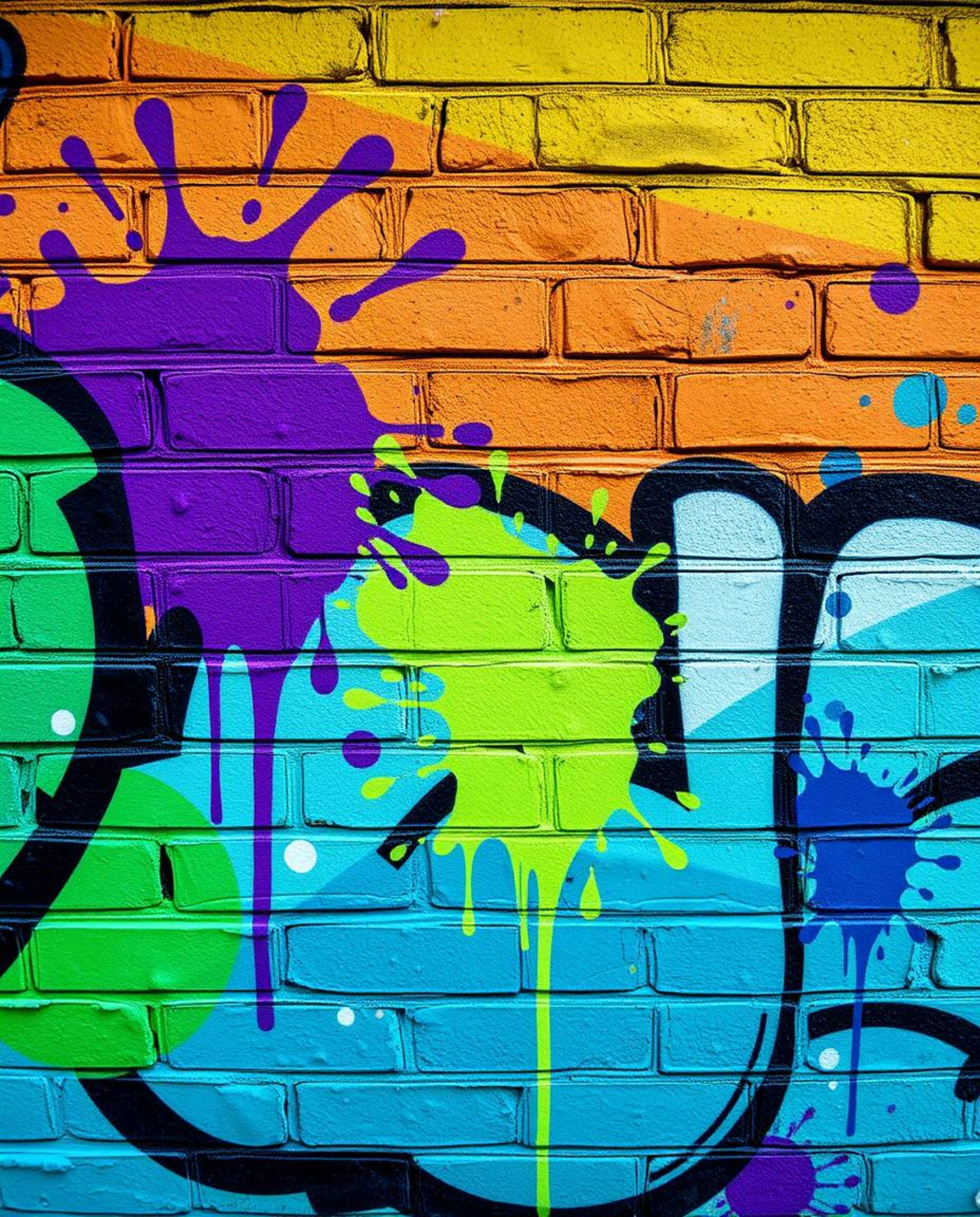Explore a cool color palette of blues, greens, and purples in this vibrant graffiti-style artwork. Featuring colorful splashe