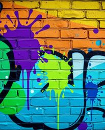 Explore a cool color palette of blues, greens, and purples in this vibrant graffiti-style artwork. Featuring colorful splashe