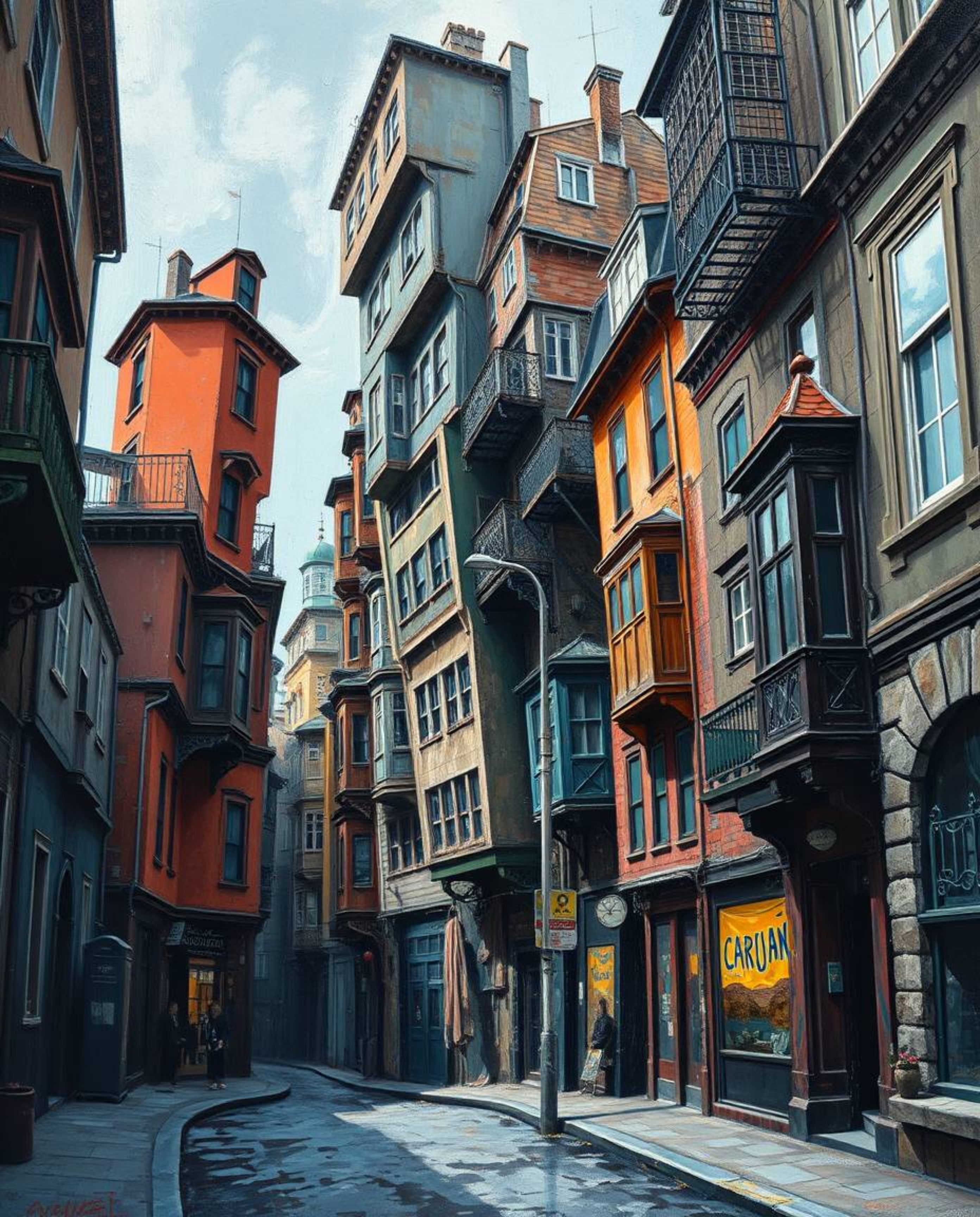 A captivating classic oil painting depicts a surreal street scene where buildings fold and twist in a mesmerizing display of 