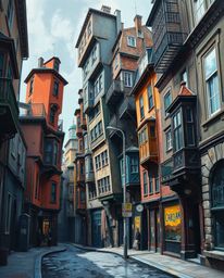 A captivating classic oil painting depicts a surreal street scene where buildings fold and twist in a mesmerizing display of 