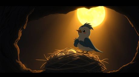 Experience a charming isekai anime scene featuring two cartoon birds diligently building a nest. Rendered in a classic animat