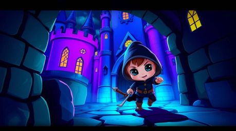 An adorable and charming thief with cute features attempts a daring heist, sneaking into a vibrantly colored castle bathed in