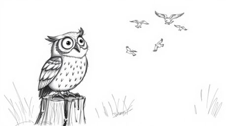 A heartwarming hand-drawn sketch in the style of Pixar depicts a blind owl with intensely expressive eyes, perched jubilantly