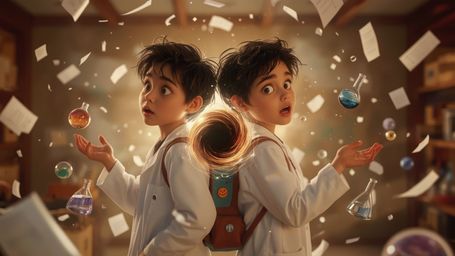 In a vibrant, cinematic photograph rendered in a hyper-realistic, Pixar-inspired style, a dynamic science fair duo unwittingl