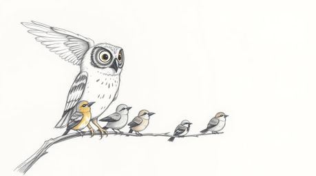 A captivating hand-drawn sketch in a textured pencil style reminiscent of Pixar.  The illustration depicts a blind owl, its f
