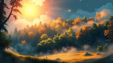 Experience the enchanting world of isekai with this anime-style illustration. Volumetric lighting illuminates a golden hour f