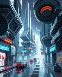 Explore a captivating surreal street scene where buildings fold and twist in a futuristic sci-fi style. This digital art piec