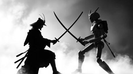 A striking black and white silhouette captures a dramatic clash between a samurai and a robot, their swords locked in battle 