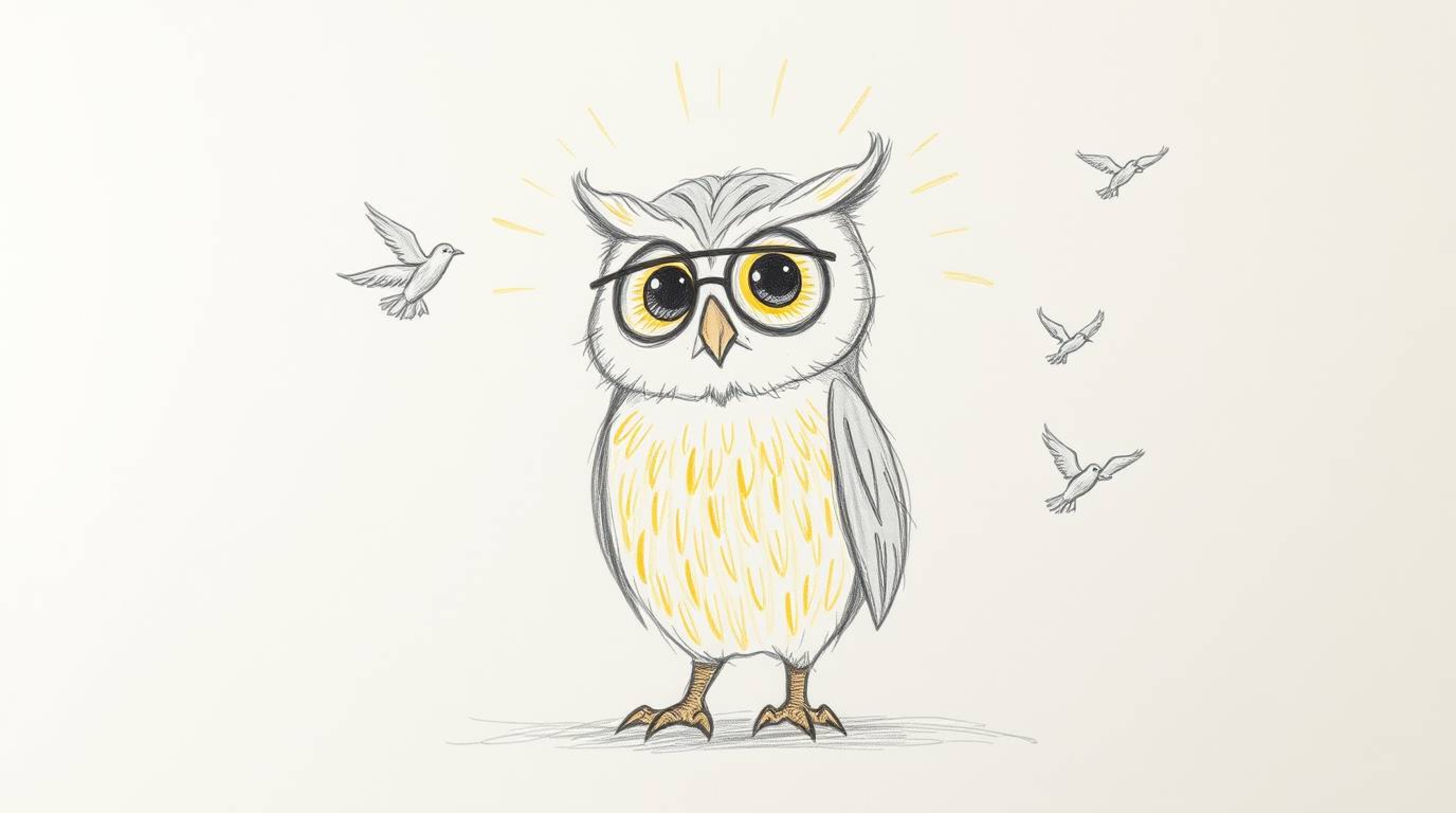 A heartwarming hand-drawn sketch in the style of Pixar portrays a blind owl with sunlit, glowing feathers compassionately tea