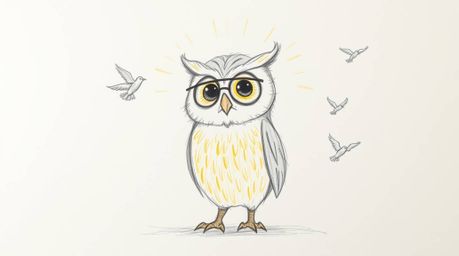 A heartwarming hand-drawn sketch in the style of Pixar portrays a blind owl with sunlit, glowing feathers compassionately tea