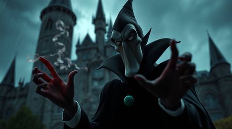 A captivating image of a classic Disney villain with sharp features and dark skin, casting a spell within the ominous walls o