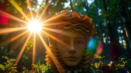 A captivating image of a layered papier-mâché sculpture bathed in the warm glow of a sunset.  The light filters through a den