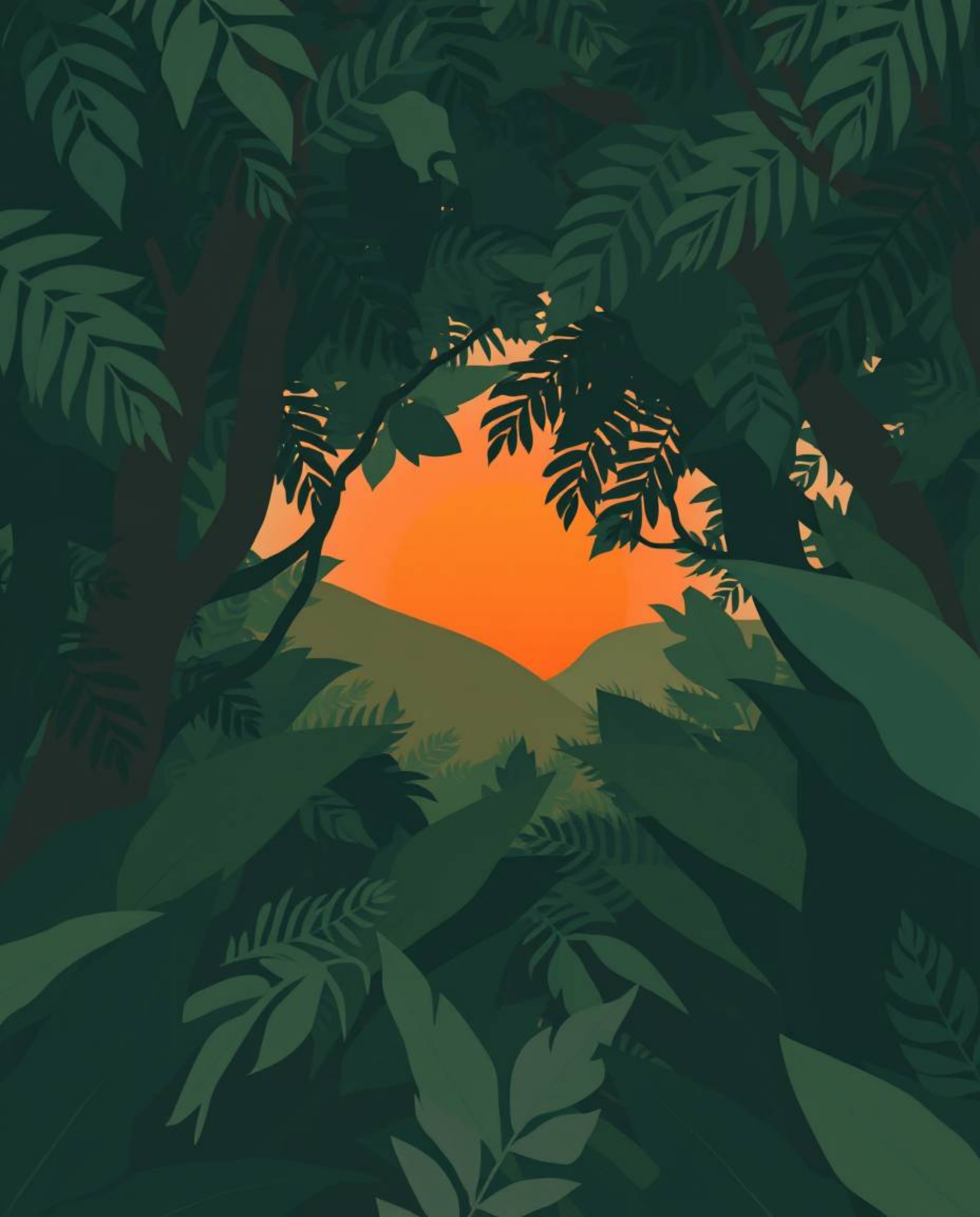 A modern flat design illustration depicting a sunset through a dense jungle canopy. This artwork features graceful and elegan