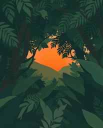 A modern flat design illustration depicting a sunset through a dense jungle canopy. This artwork features graceful and elegan
