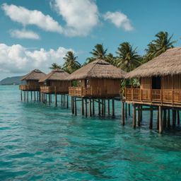 Escape to a tropical island city paradise. Imagine bamboo huts nestled among swaying palm trees, overlooking a vibrant turquo