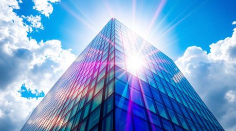 A modern glass building that appears to dissolve into a soft, cloud-filled sky evokes a powerful sense of ambition and limitl