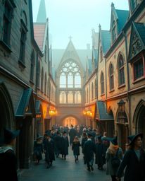 Immerse yourself in the soft, dreamy atmosphere of a magical school brought to life through precise architectural color photo