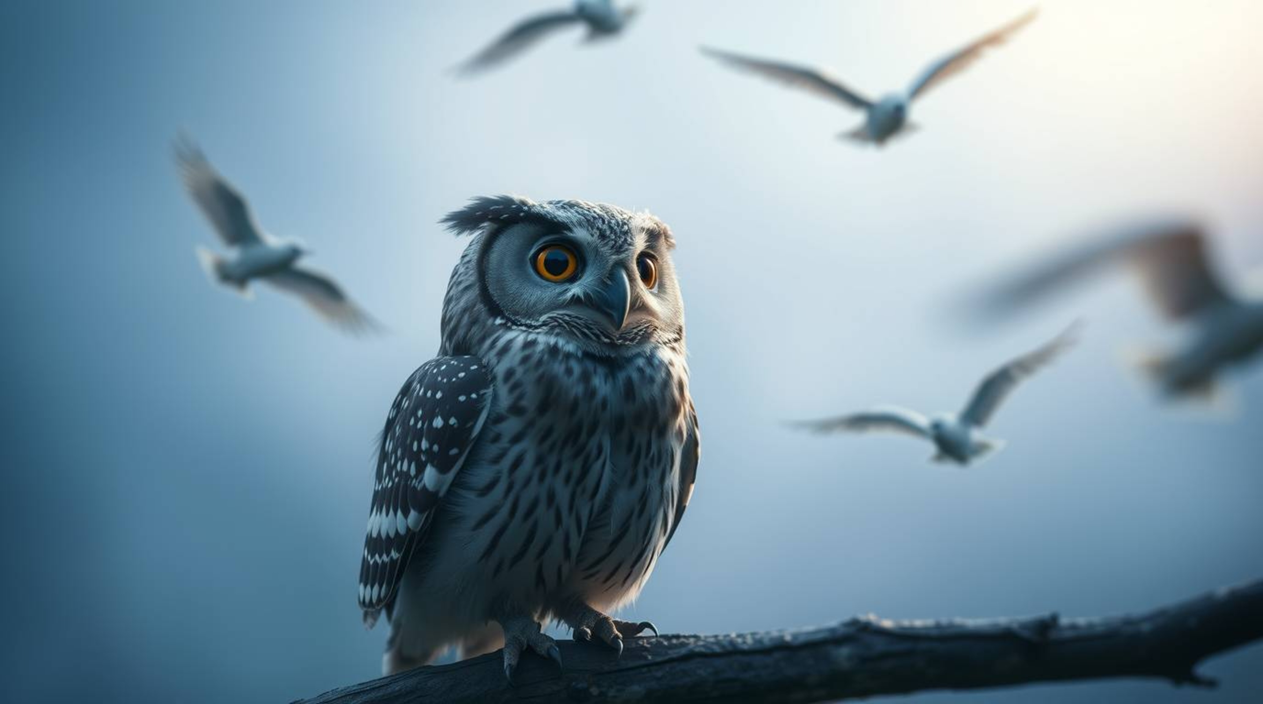 A long exposure photograph with an ethereal vibe and a soft cinematic haze captures a wise, blind owl in a Pixar-style. With 