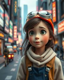 Capturing spontaneous urban moments in a futuristic Pixar-style city, this candid street photography image features a young i