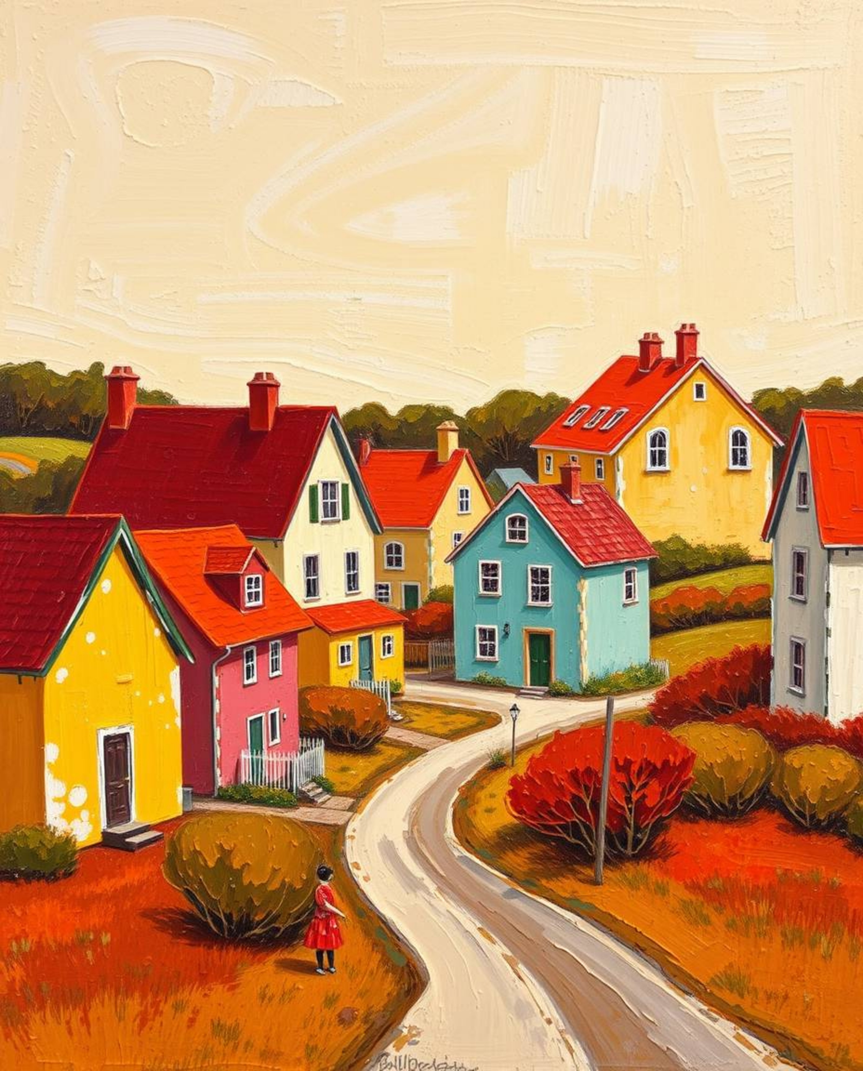 A warm and bold acrylic painting depicts a sleepy town filled with pastel-colored houses.  Vibrant reds, oranges, and yellows