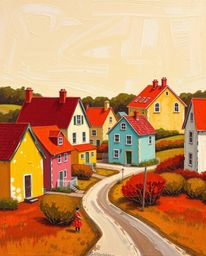 A warm and bold acrylic painting depicts a sleepy town filled with pastel-colored houses.  Vibrant reds, oranges, and yellows