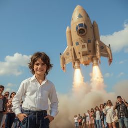 A heartwarming high fashion photograph captures a young boy radiating joy and curiosity, standing proudly beside his magnific