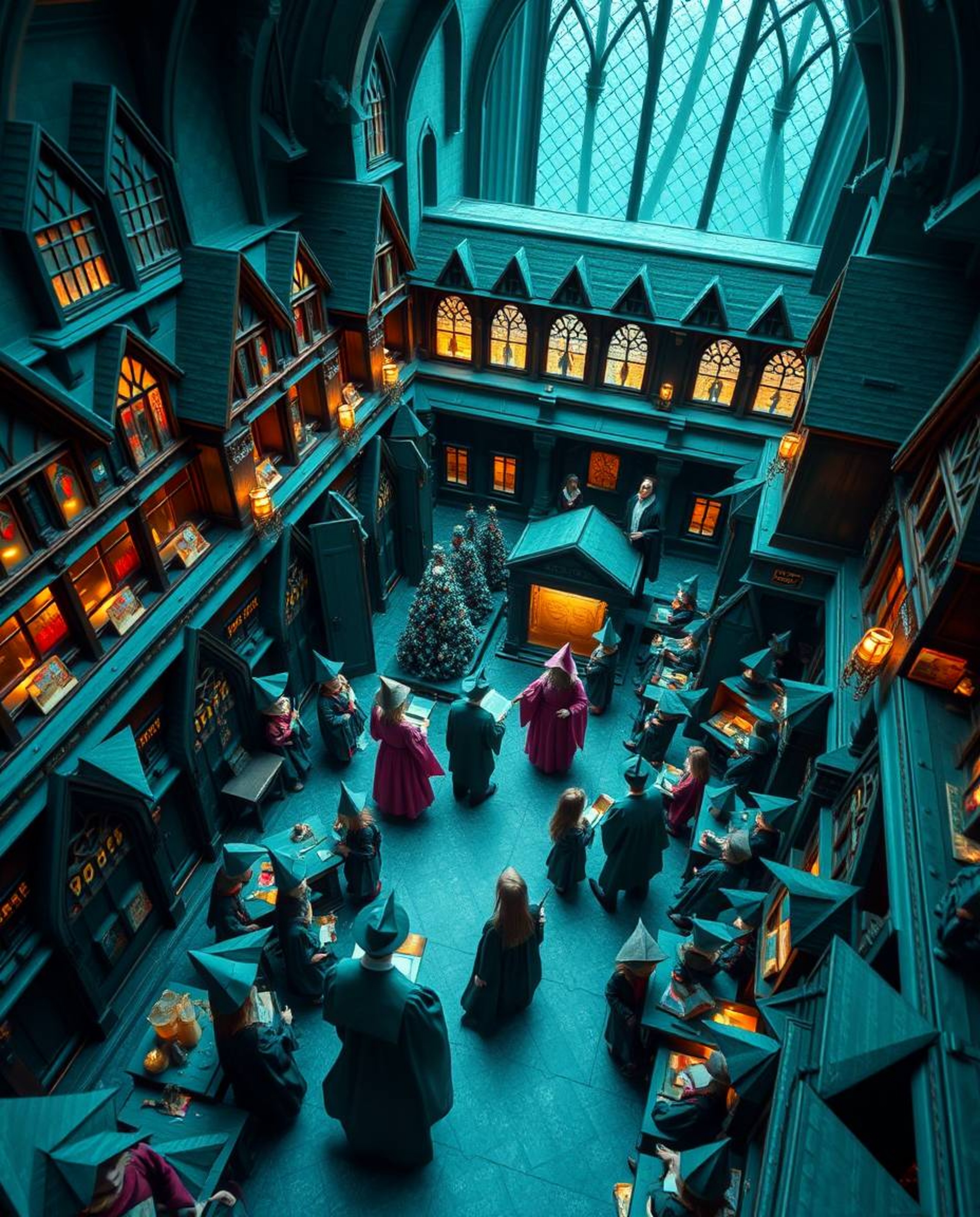A captivating high-angle perspective showcases a magical school teeming with young wizards, rendered in a rich and deep teal 