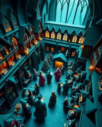 A captivating high-angle perspective showcases a magical school teeming with young wizards, rendered in a rich and deep teal