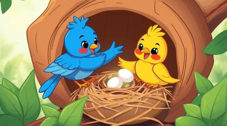 An adorable illustration showcasing two cartoon birds diligently building their nest in a classic animation style. The artwor