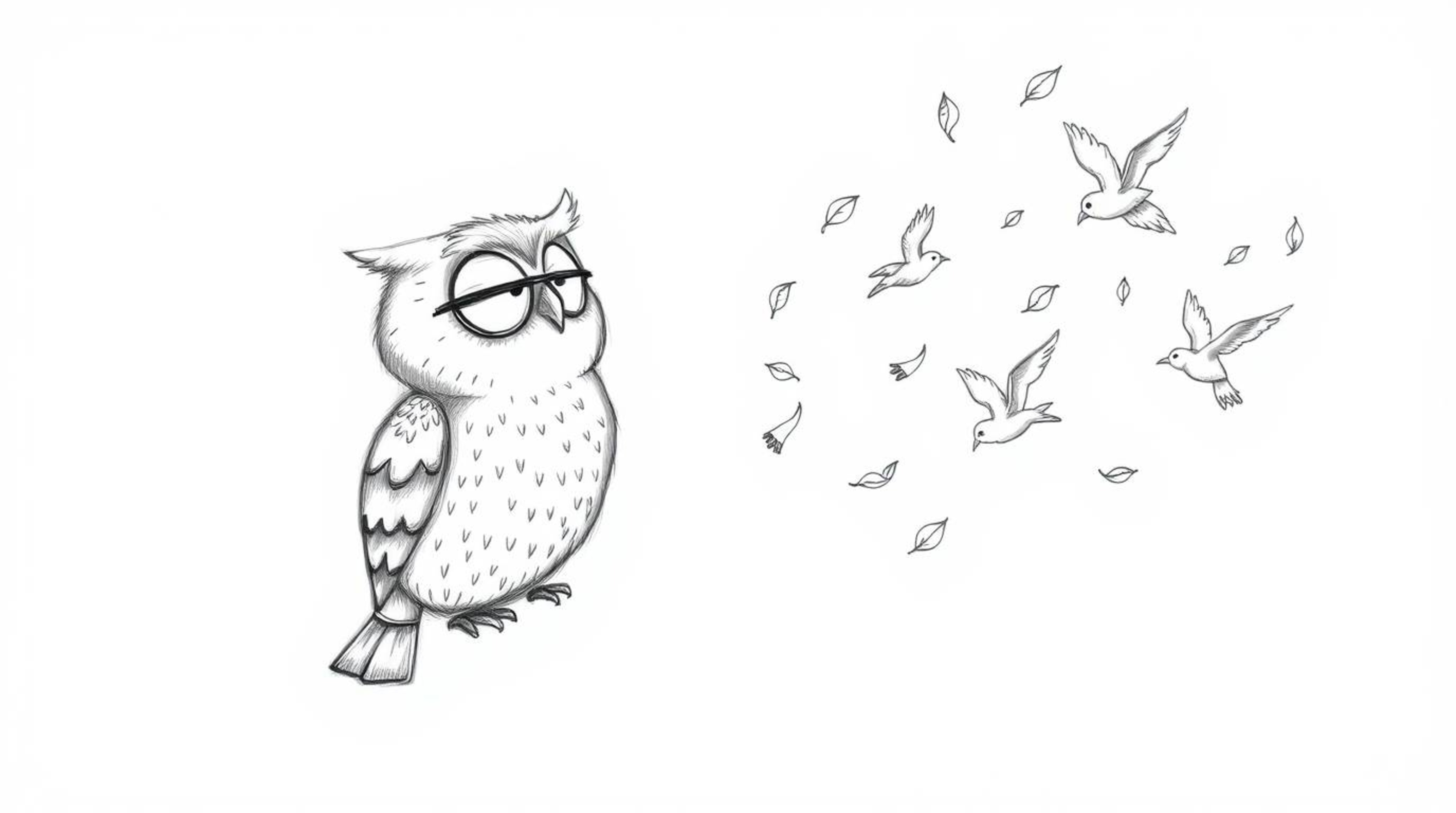 A whimsical, hand-drawn sketch in the style of Pixar portrays a blind owl with soft, rounded features, gently guiding a flock