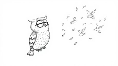 A whimsical, hand-drawn sketch in the style of Pixar portrays a blind owl with soft, rounded features, gently guiding a flock