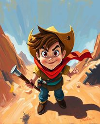A stunning high-angle acrylic painting depicts a brave, Disney-style hero embarking on a thrilling desert adventure. The art