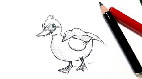 This hand-drawn sketch showcases a duck hilariously dressed in a zany superhero costume. The rough-textured pencil strokes ad
