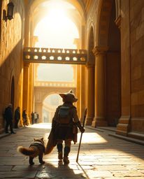 A captivating architectural photograph bathed in warm golden hues depicts a talking animal sidekick assisting a hero on their