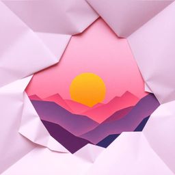 Experience the serene beauty of an origami-style sunset over a quiet mountain valley, rendered with intricate folded paper te