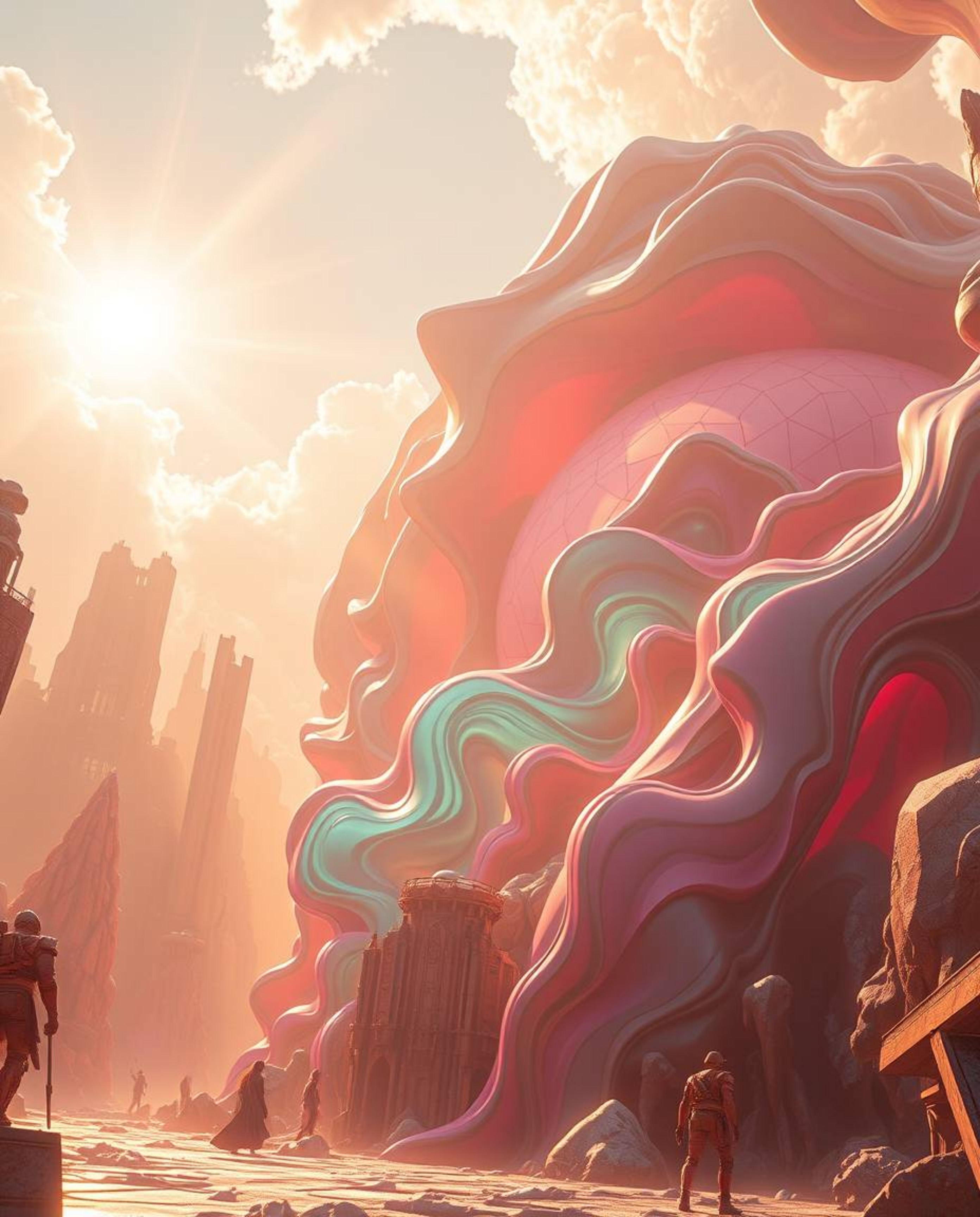 This stunning artwork presents an epic, futuristic scene featuring massive-scale, colorful 3D fluid shapes interacting with g