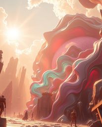 This stunning artwork presents an epic, futuristic scene featuring massive-scale, colorful 3D fluid shapes interacting with g