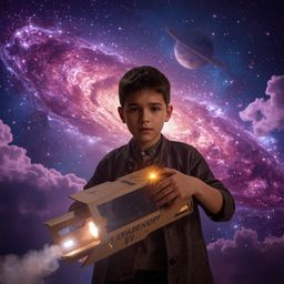 Discover stunning high-fashion photography of a young boy building an intricately designed, functional cardboard spaceship.  