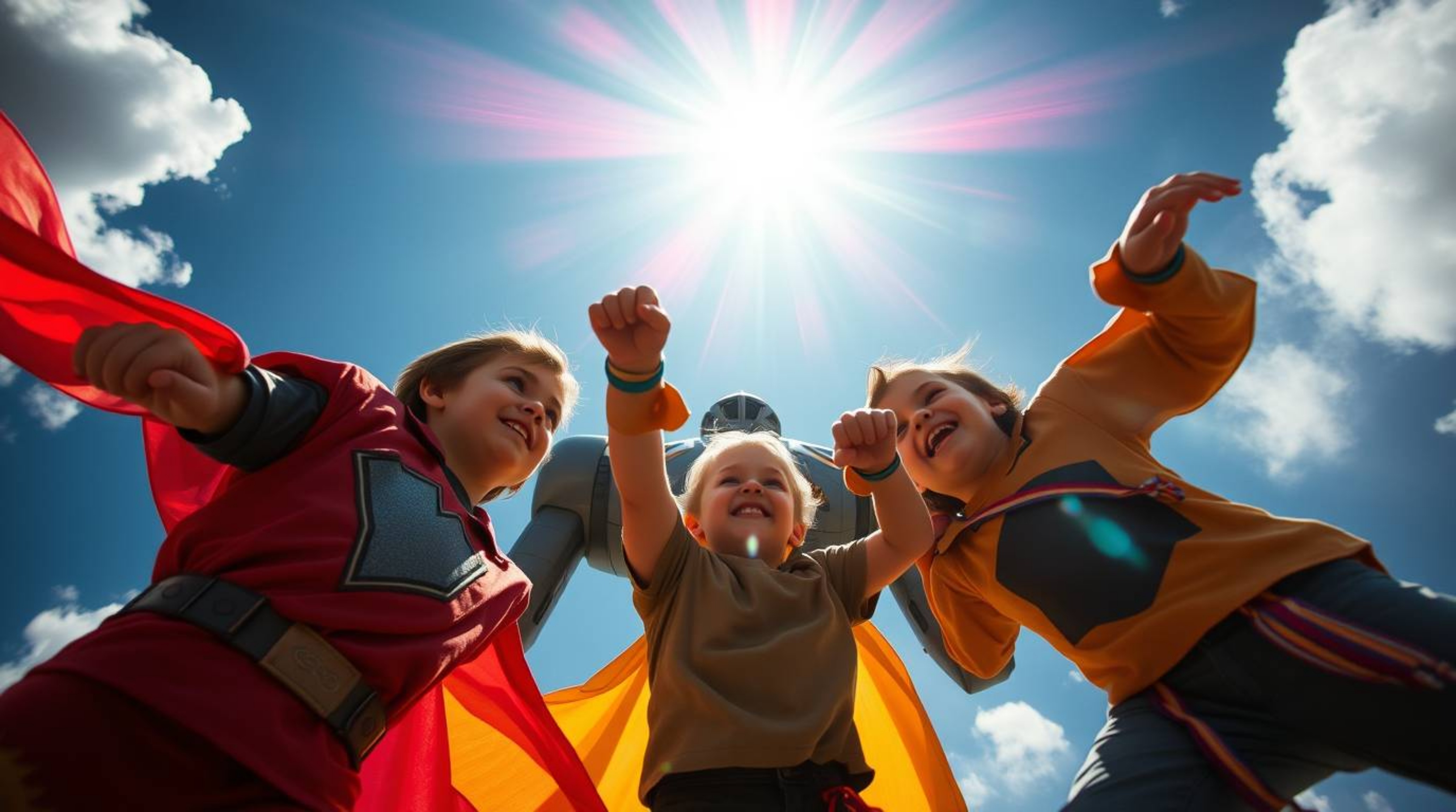 Witness the epic battle as three superpowered children take on a formidable robot from a captivating low-angle perspective.  