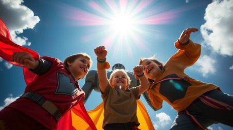 Witness the epic battle as three superpowered children take on a formidable robot from a captivating low-angle perspective.  