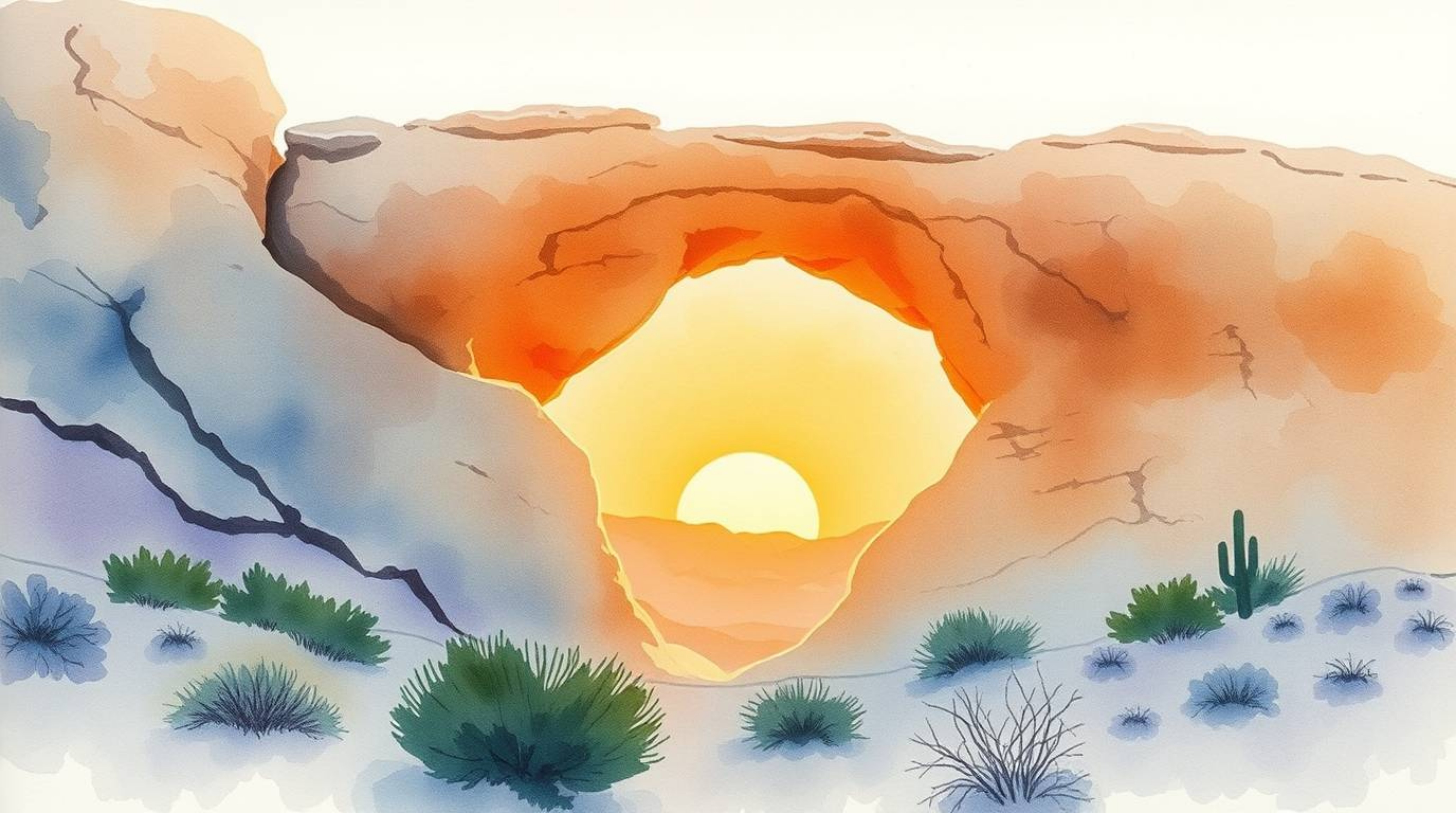 A stunning watercolor painting captures a breathtaking desert sunset viewed through a natural rock arch.  The artist's delica
