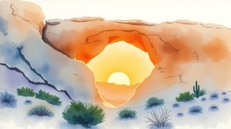 A stunning watercolor painting captures a breathtaking desert sunset viewed through a natural rock arch.  The artist's delica