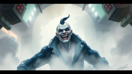 A delicate watercolor painting depicts a light-skinned villain with delicate features having a funny breakdown in a high-tech