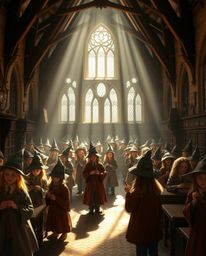 Step into a magical school teeming with young wizards, bathed in the gentle embrace of soft light and diffused shadows. This