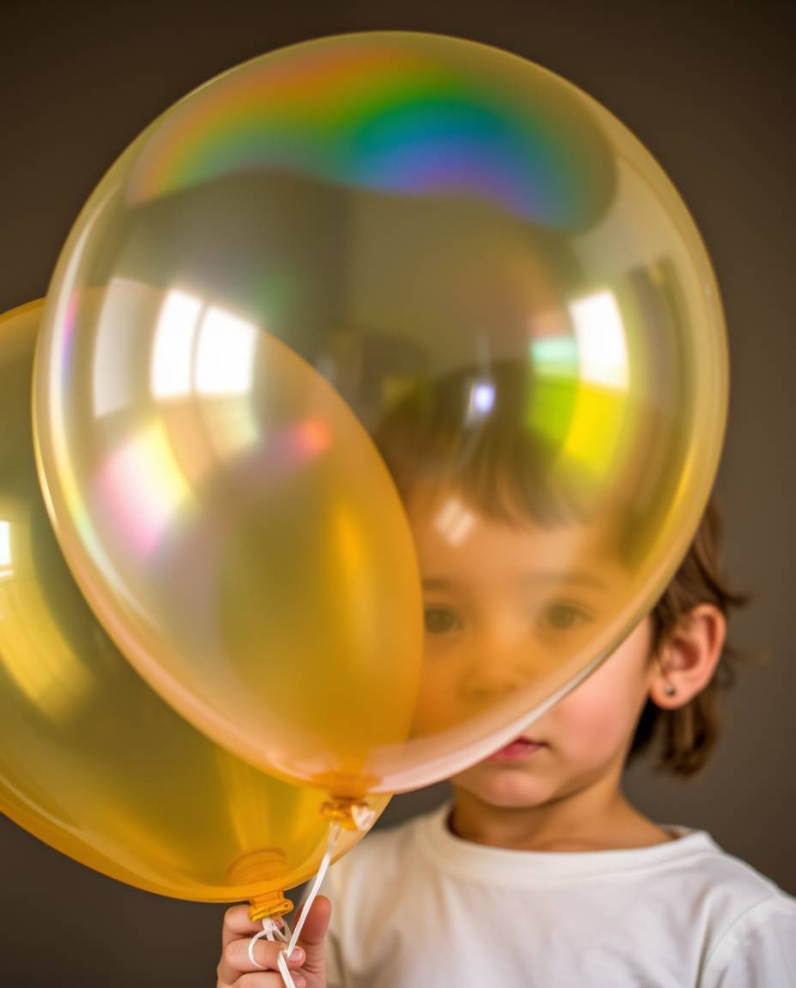 A captivating high-resolution stock photo depicting a child joyfully holding a balloon with mesmerizing iridescent colors and