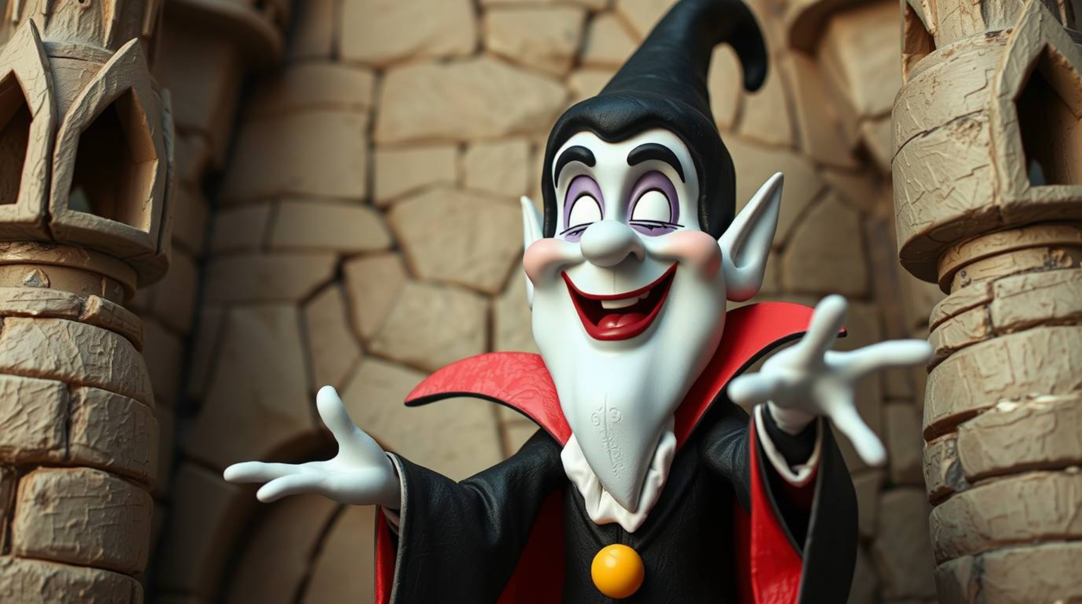 An adorable and charming classic Disney villain, with sculpted features, casts a spell within a textured, layered papier-mâch