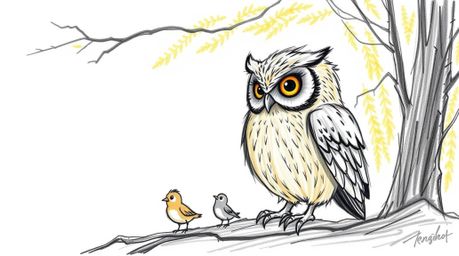 A heartwarming Pixar-style hand-drawn sketch depicts a blind owl with expressive eyes gently guiding fledgling birds in a mag