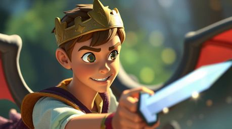 A charming prince with fair skin and determined features bravely battles a magnificent dragon in a stunning 1950s animation s